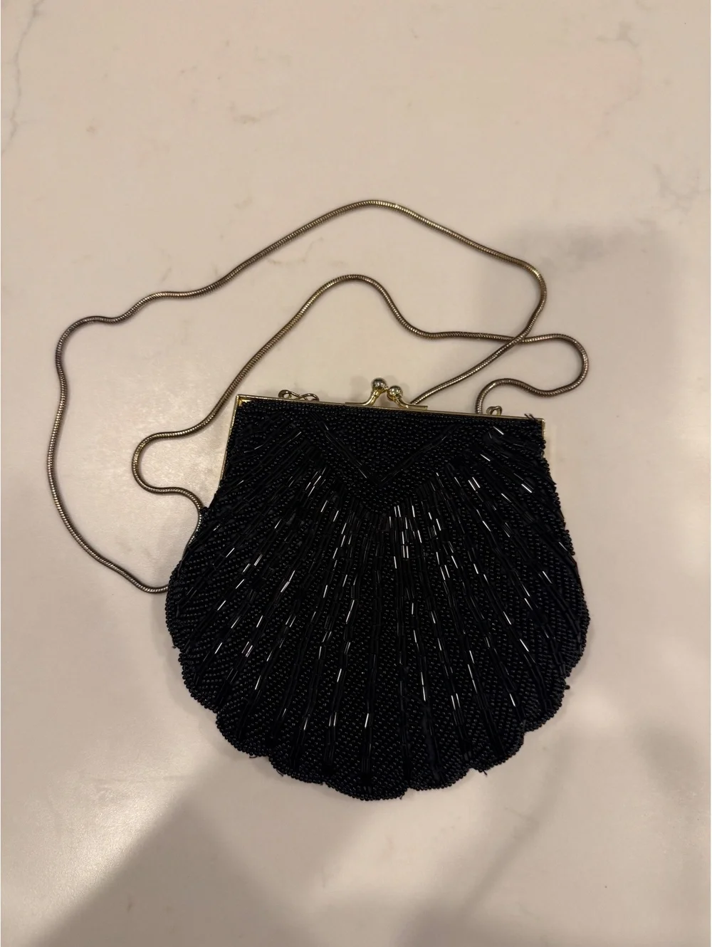 Vintage Black Beaded Shell Shaped Evening Bag with Chain Strap